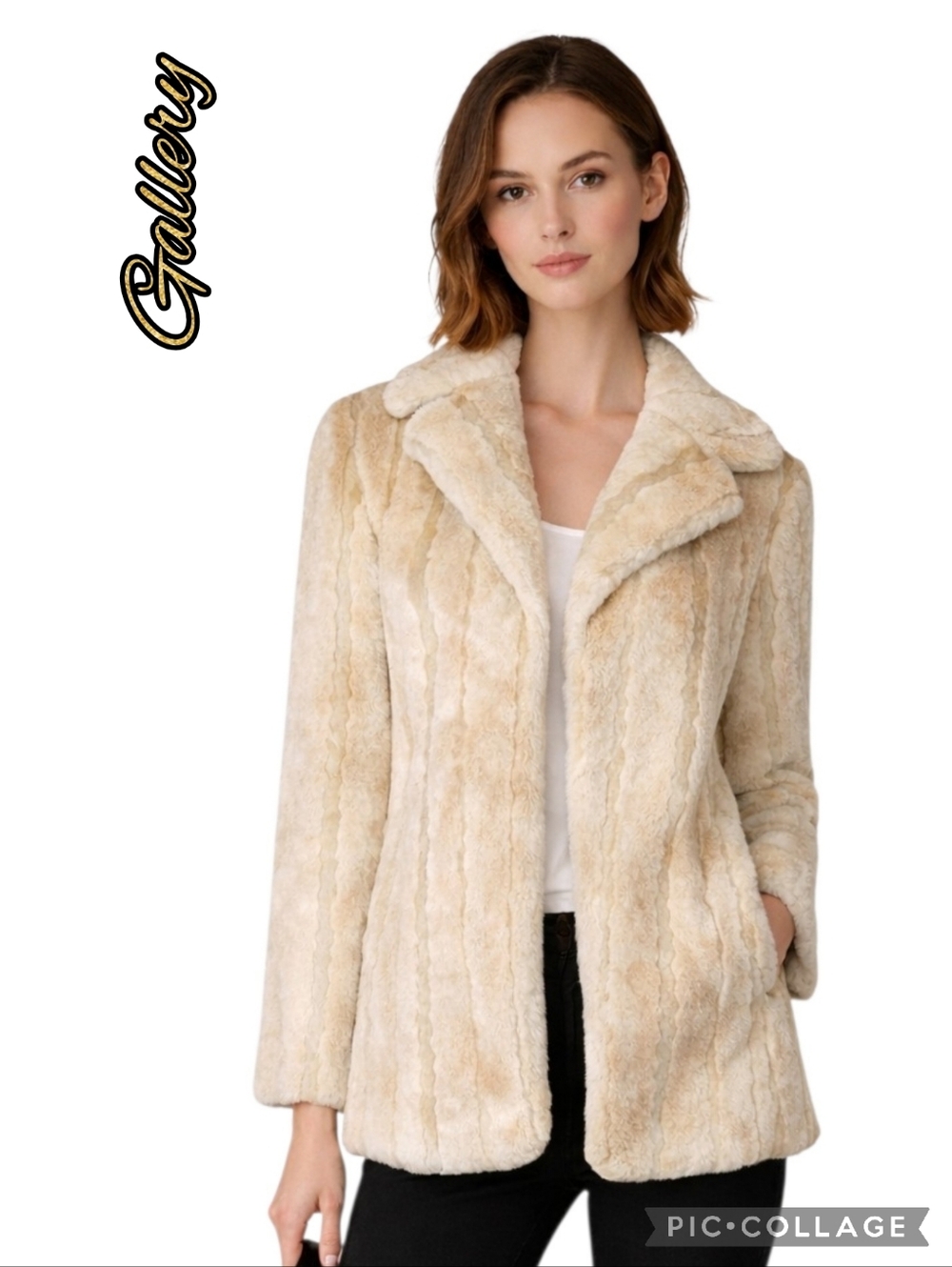 Gallery faux fur coat plush texture, cream color, fully lined relaxed fit sz xl